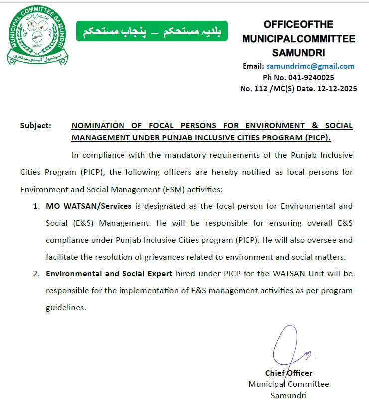 Nomination of Focal Persons for E&SM  